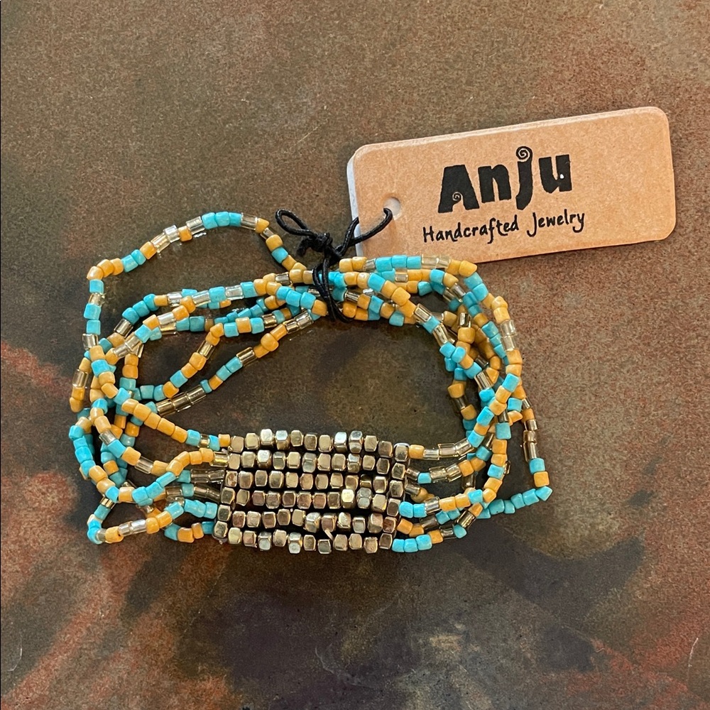 Anju Handcrafted Blue and Gold Beaded Bracelet
